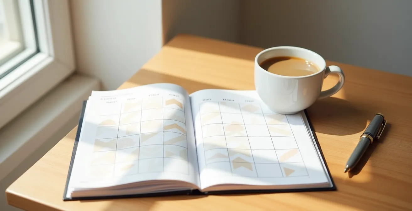 Vue en plongée d'un agenda ouvert avec stylo et café