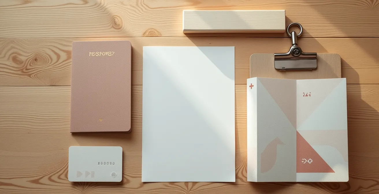 Documents de voyage organisés sur bureau en bois avec passeport et carte