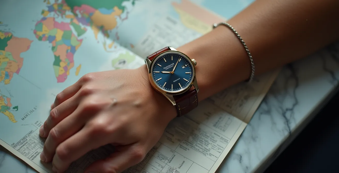 Montre élégante sur poignet avec planning de voyage flou en arrière-plan
