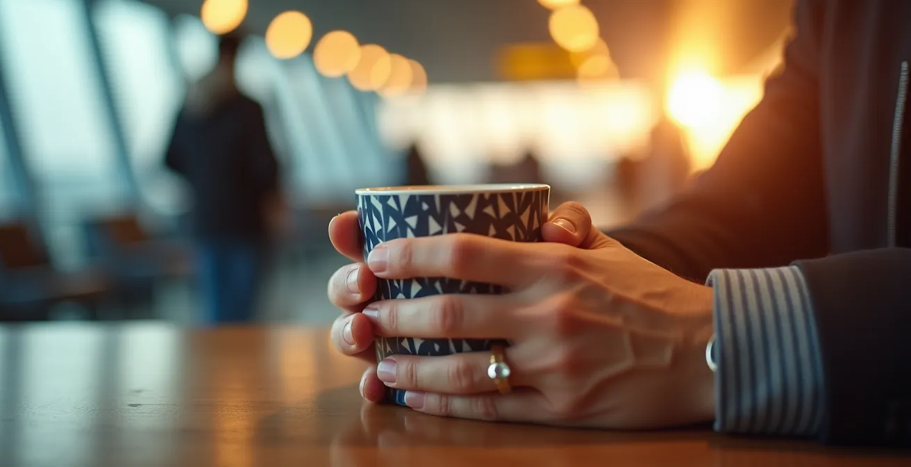 Mains tenant une tasse de café avec vue floue sur terminal