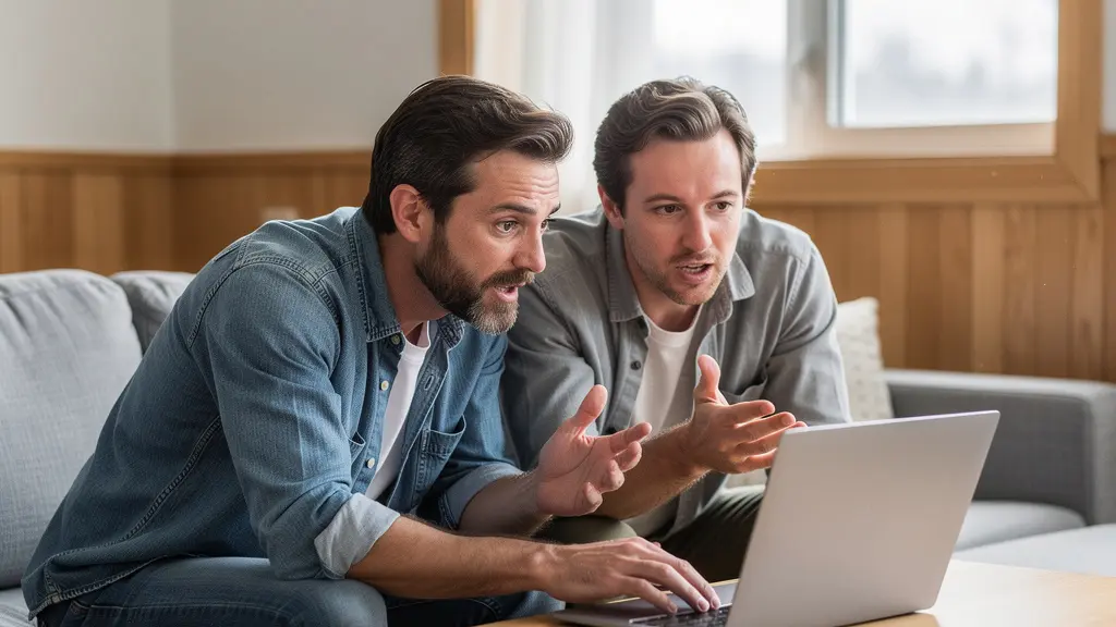 Couple québécois discutant de leur assurance habitation devant un ordinateur portable dans leur salon