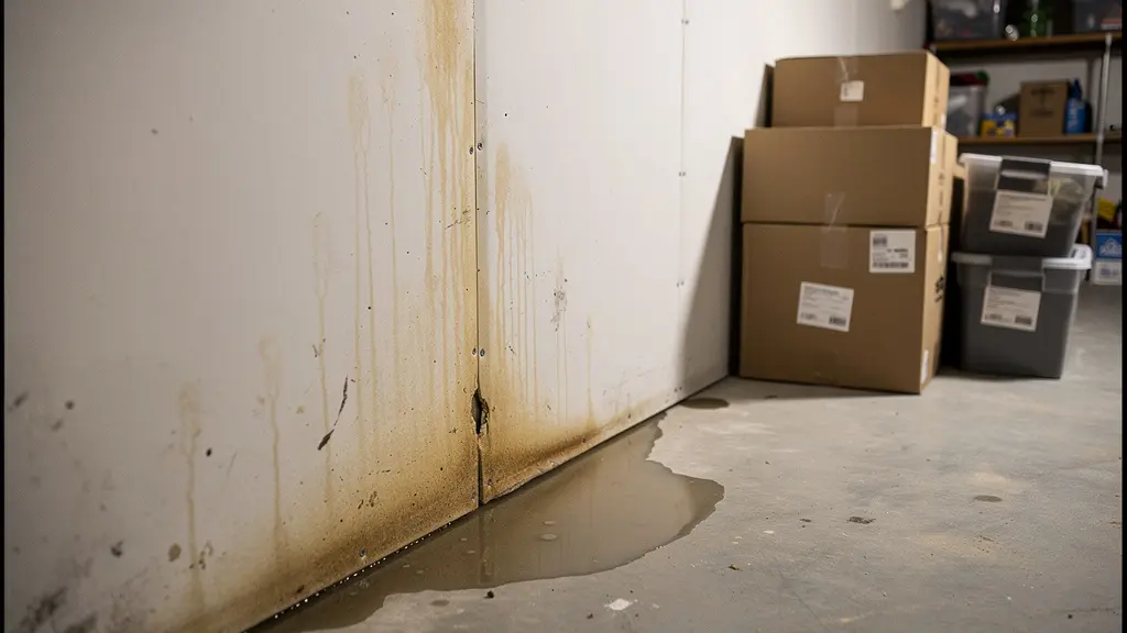 Traces de dégât d'eau sur un mur de sous-sol résidentiel québécois, marques d'humidité visibles