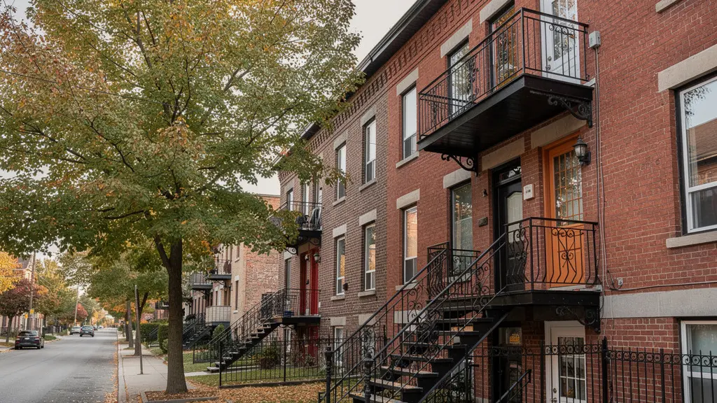 Triplex montréalais typique en brique rouge avec escalier extérieur, quartier Plateau