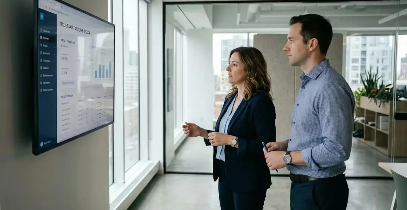 Discussion professionnelle entre une courtière et un client dans un bureau moderne au Québec