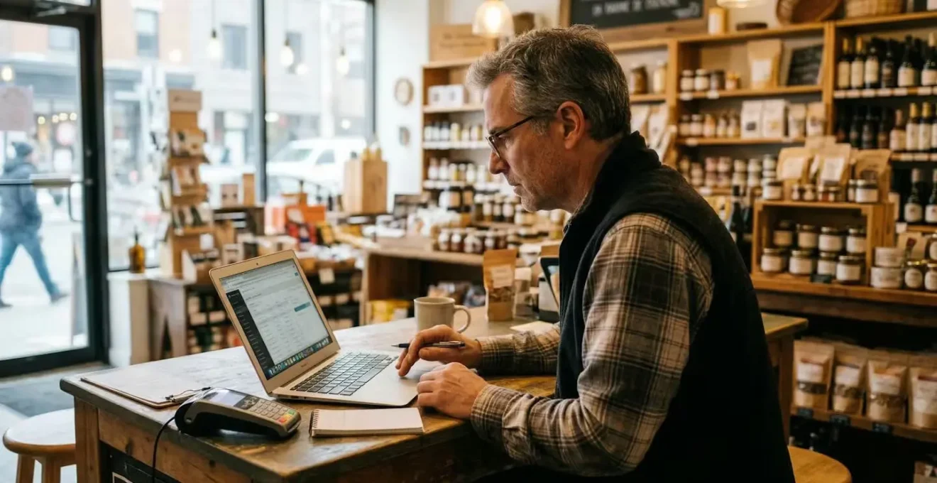 Propriétaire d'entreprise consultant son écran dans un commerce de détail au Québec