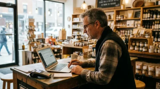 Propriétaire d'entreprise consultant son écran dans un commerce de détail au Québec