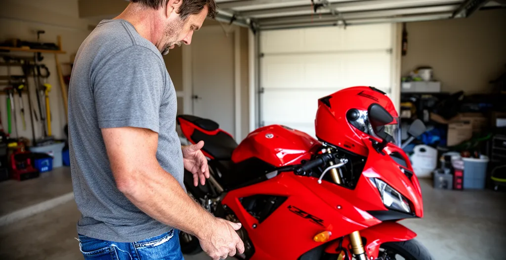 Motocycliste inspectant sa moto dans un garage résidentiel (assurance moto Québec)