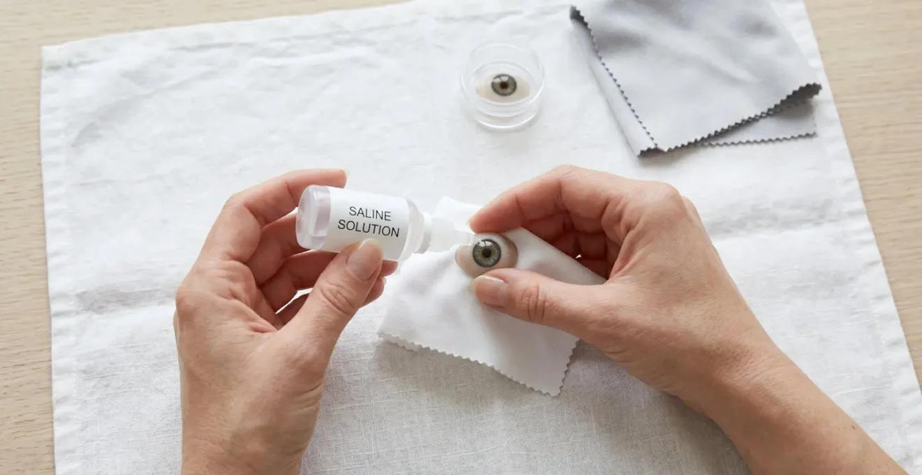 Mains nettoyant une prothèse oculaire avec une solution saline sur un linge blanc.