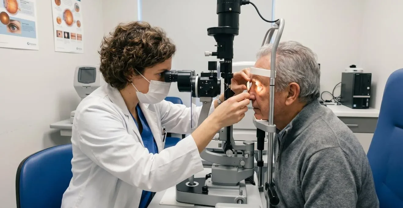 Oculariste examinant une prothèse oculaire avec un patient en consultation.
