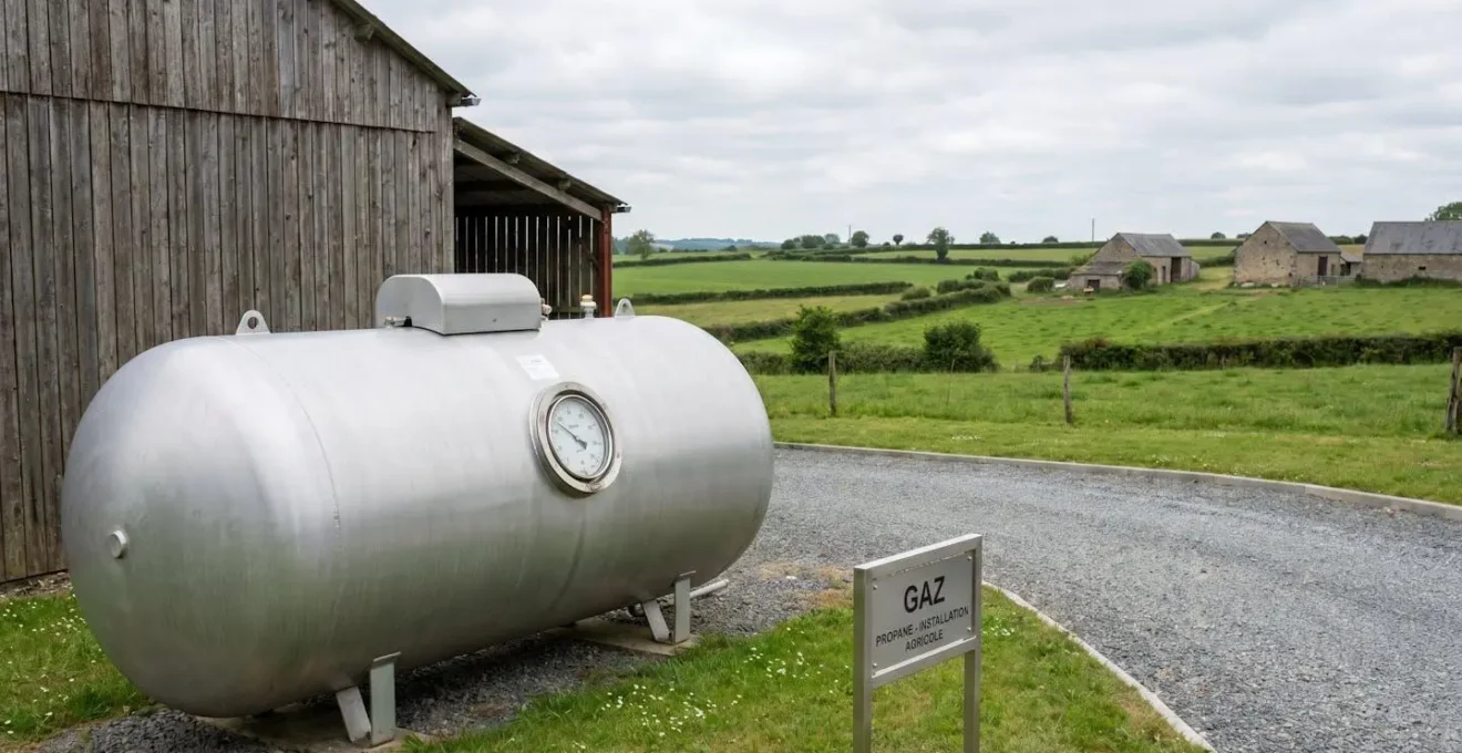 Citerne de gaz propane installée sur un site agricole industriel avec équipements connectés en zone rurale