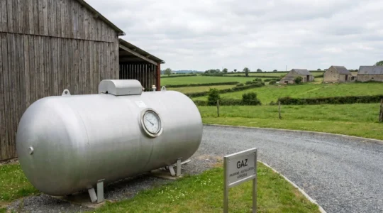 Citerne de gaz propane installée sur un site agricole industriel avec équipements connectés en zone rurale