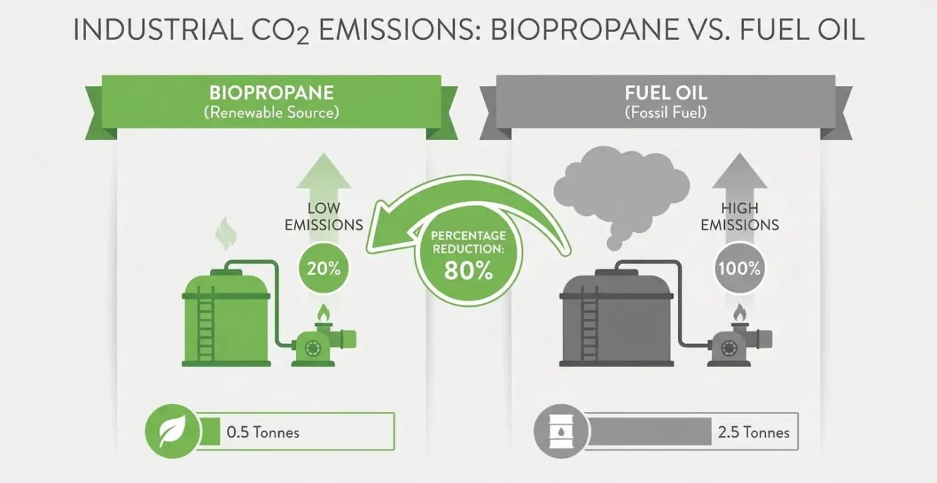 Infographie comparant les émissions de CO2 du biopropane et du fioul dans un contexte industriel de décarbonation