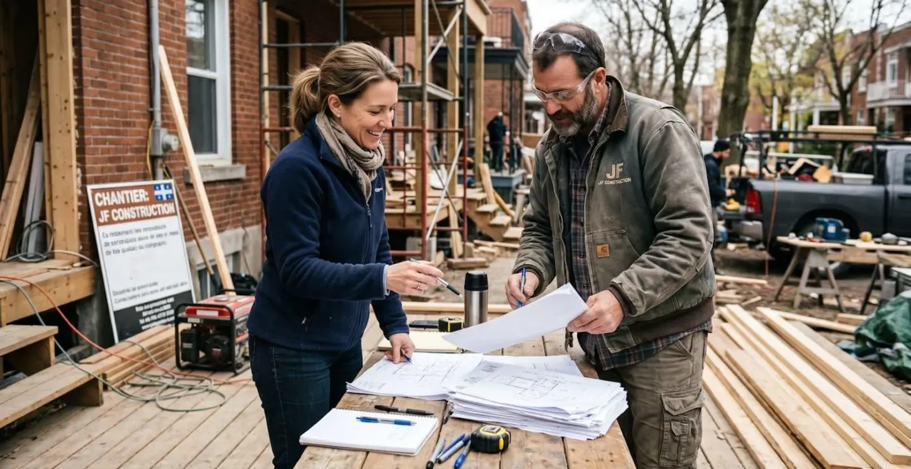Propriétaire et entrepreneur en rénovation discutant des plans de travaux sur un chantier résidentiel