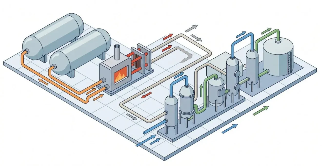 Schéma isométrique illustrant les flux énergétiques d'un procédé industriel alimenté au gaz propane